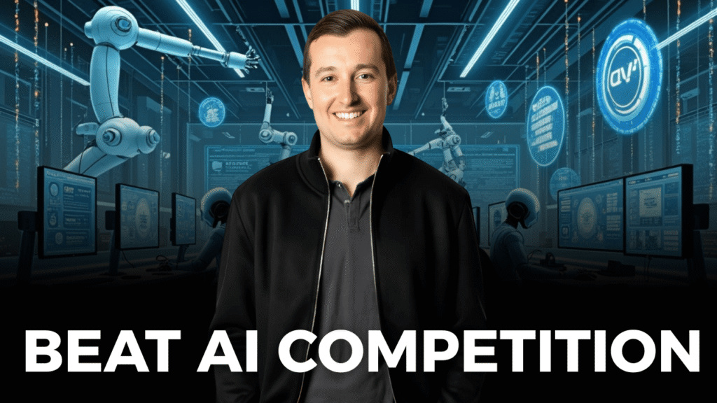 Smiling business owner standing in front of a futuristic AI-powered control room, with the text “Beat AI Competition”