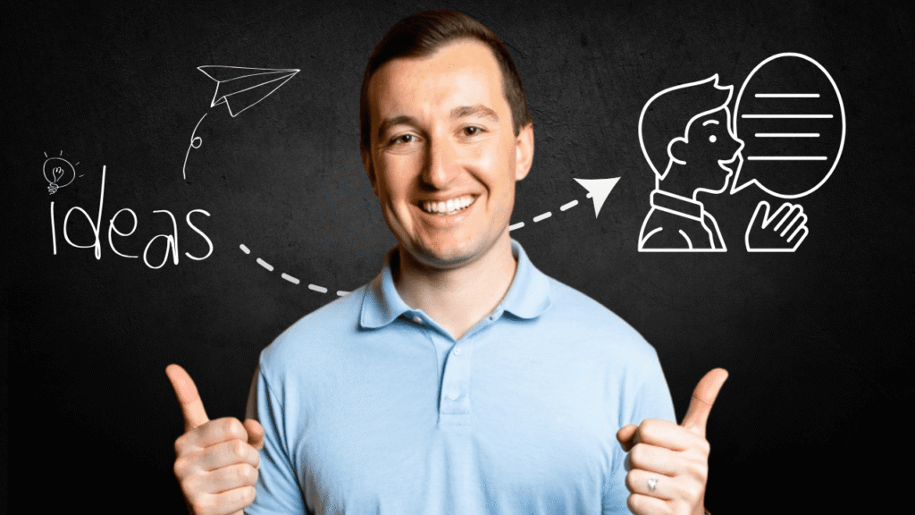 Smiling man giving thumbs up in front of blackboard with doodles of ideas and communication