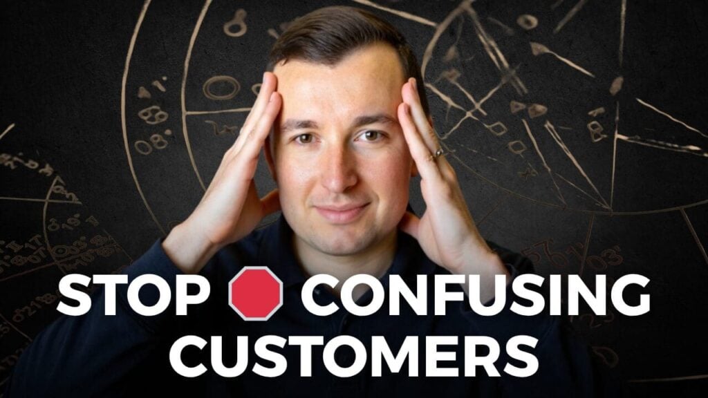 Man holding his head in frustration with text that reads “Stop Confusing Customers”