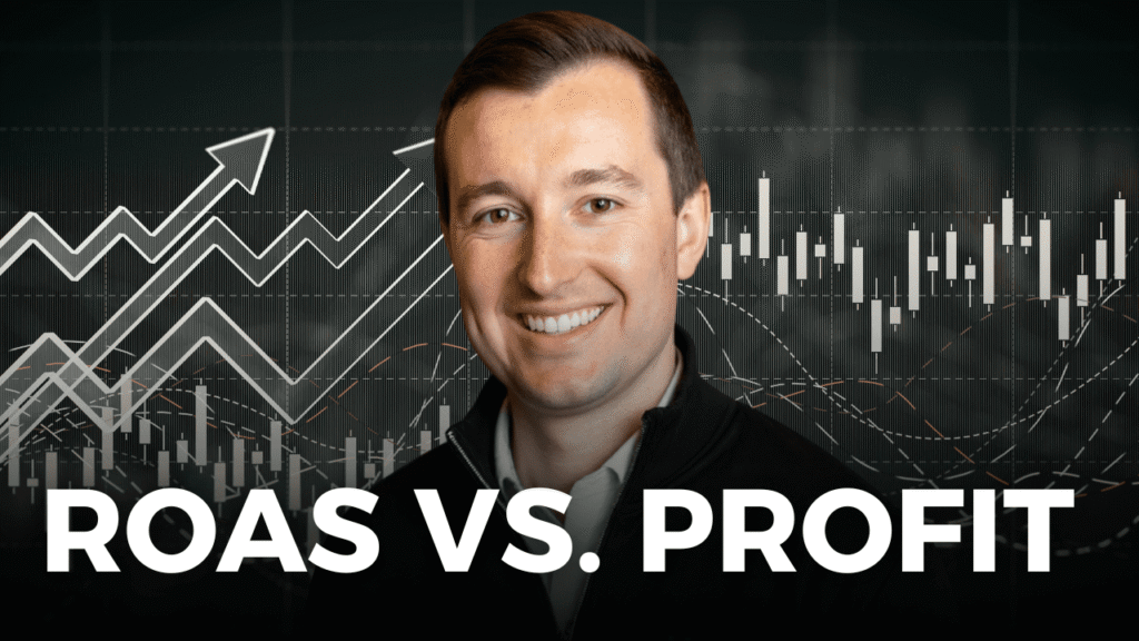 Smiling business professional with financial charts in the background and text reading “ROAS vs. Profit.”