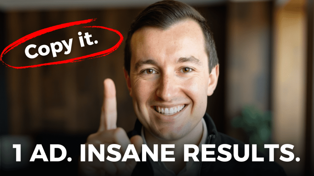 Smiling man holding up one finger with bold text “Copy it.” and “1 Ad. Insane Results.” overlaid on the image