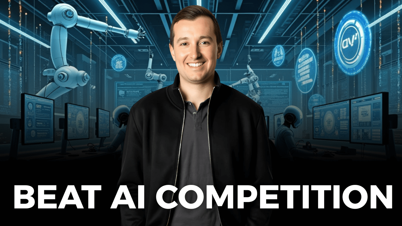 Smiling business owner standing in front of a futuristic AI-powered control room, with the text “Beat AI Competition”