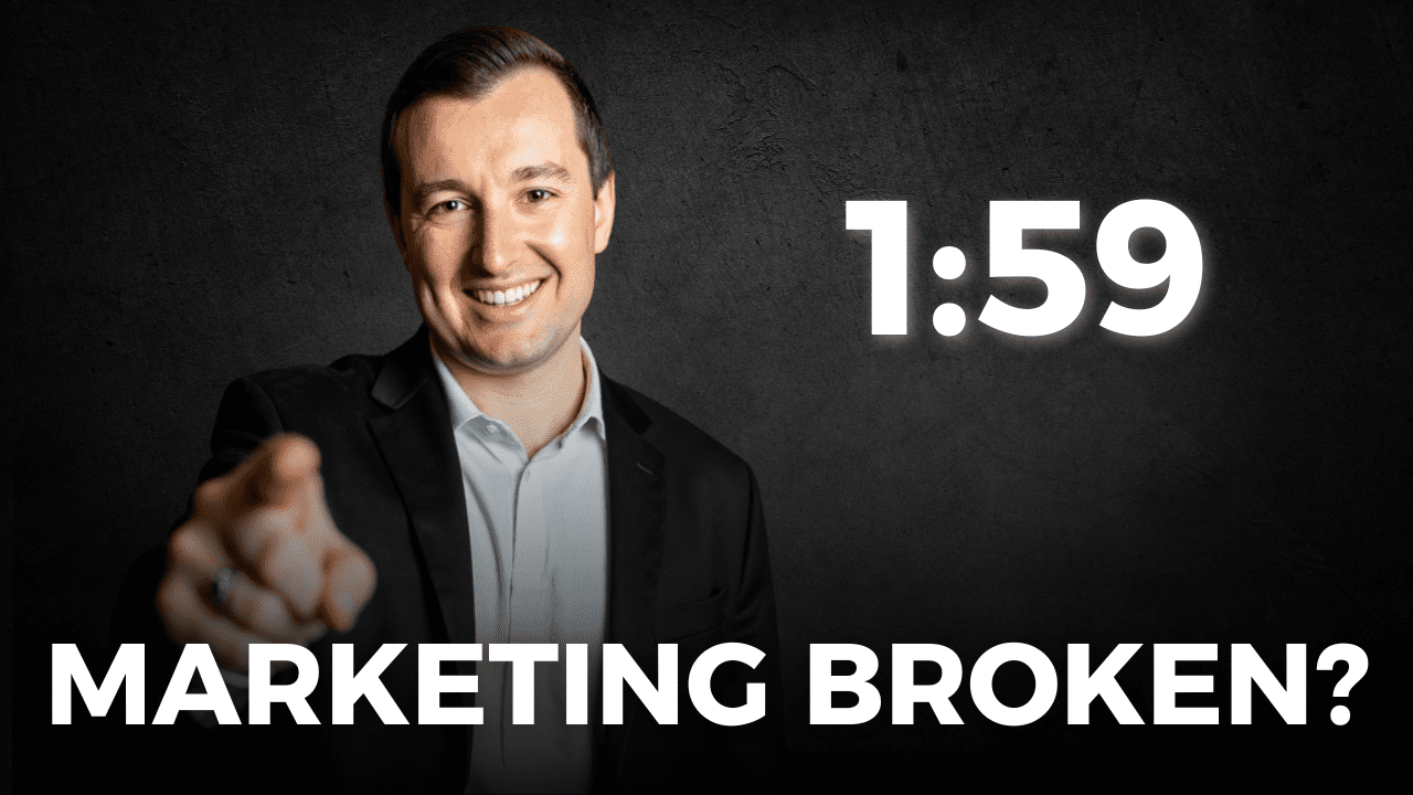 Business owner pointing at camera with the text “Marketing Broken?” and a countdown timer, suggesting a fast fix for marketing challenges