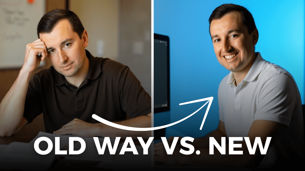 Side-by-side image of a man frustrated while writing on the left, and smiling at a computer on the right, with the text "Old Way vs. New"