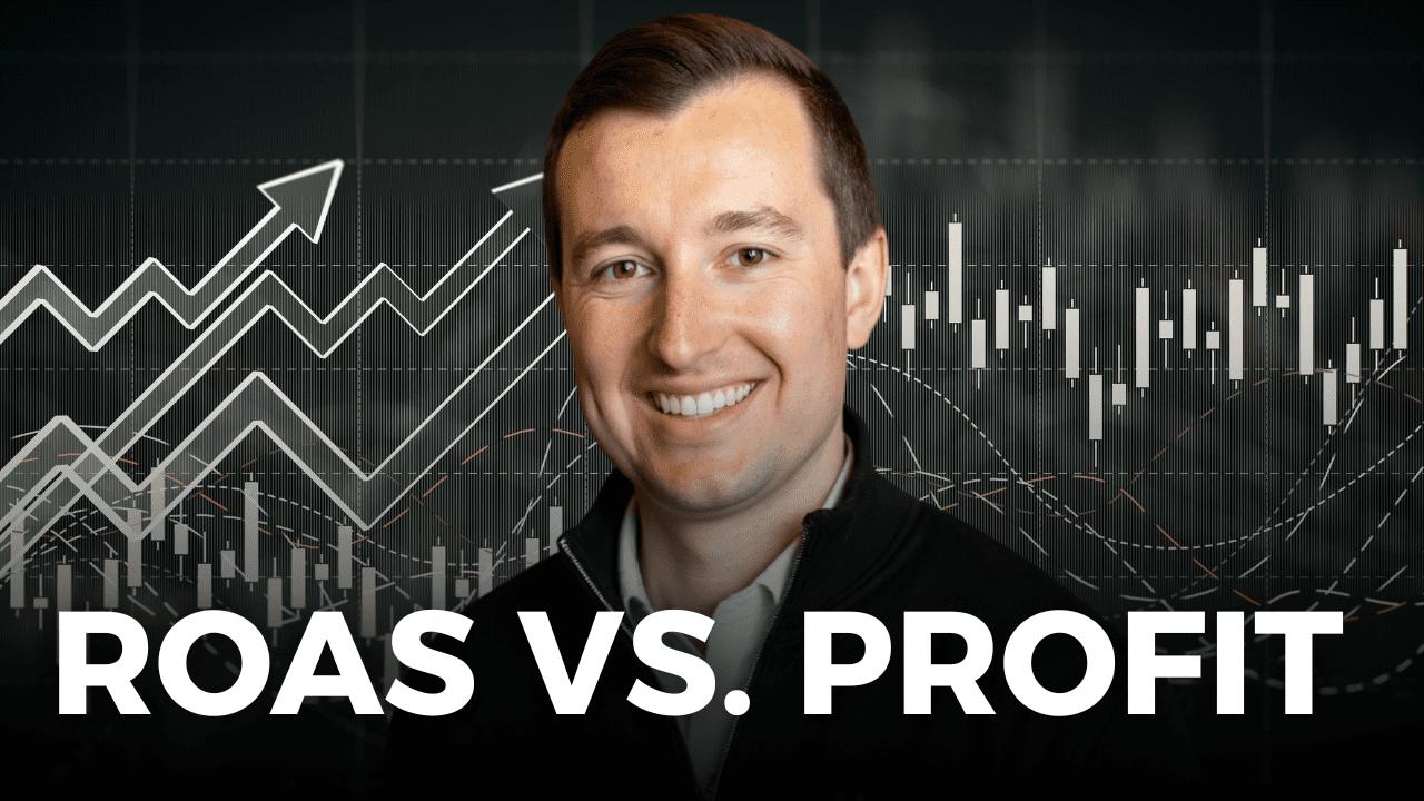 Smiling business professional with financial charts in the background and text reading “ROAS vs. Profit.”
